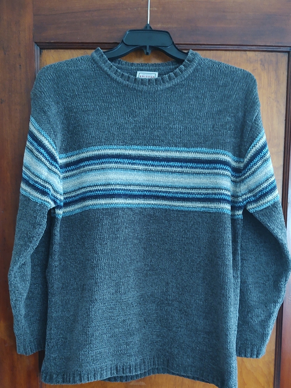 Arizona Jean Company Gray Crewneck Sweater with Blue and Cream Stripe Band